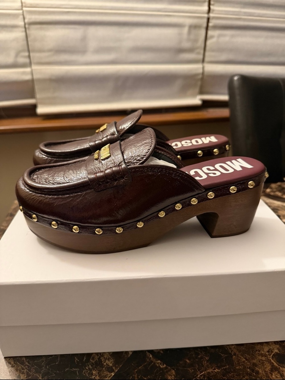 Brand new Moschino Milano burgundy patent leather clogs women size 38